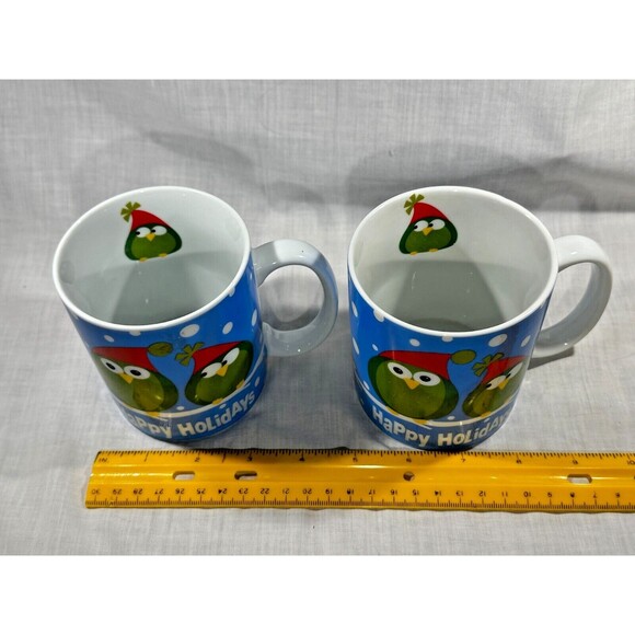 SET OF 2 Pier 1 One Imports Mugs- Happy Holidays Christmas Santa Owls Coffee Tea - Picture 5 of 7